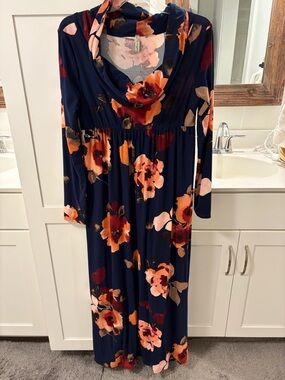 Mother Bee Maternity Navy Floral Maternity Dress with Peach Accents